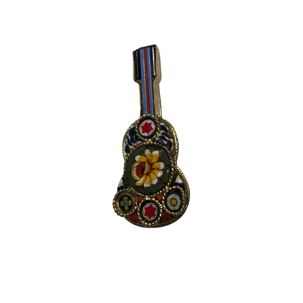 Vintage Gold Tone Italian Colorful Micro Mosaic Flower Guitar Music Brooch Pin